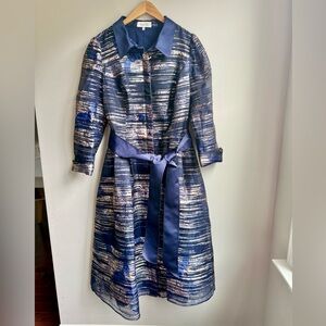 Teri Jon Navy Metallic Jacquard Shirt Dress Size 16